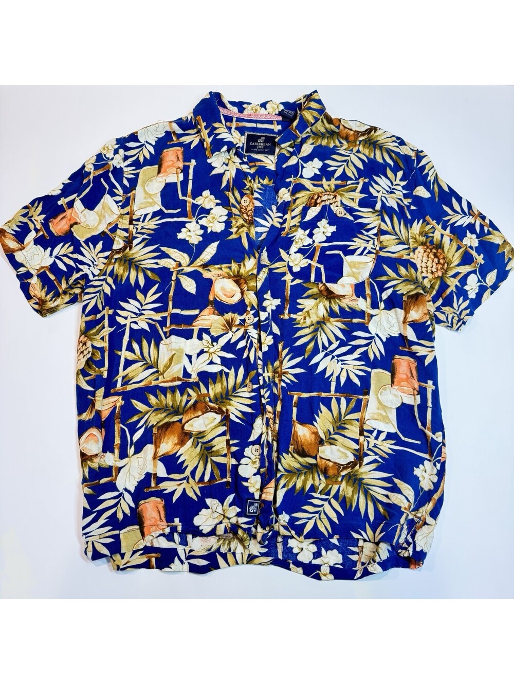 Vintage Caribbean Joe Hawaiian Shirt Mens M Blue Tropical Rayon Camp Aloha Vaca